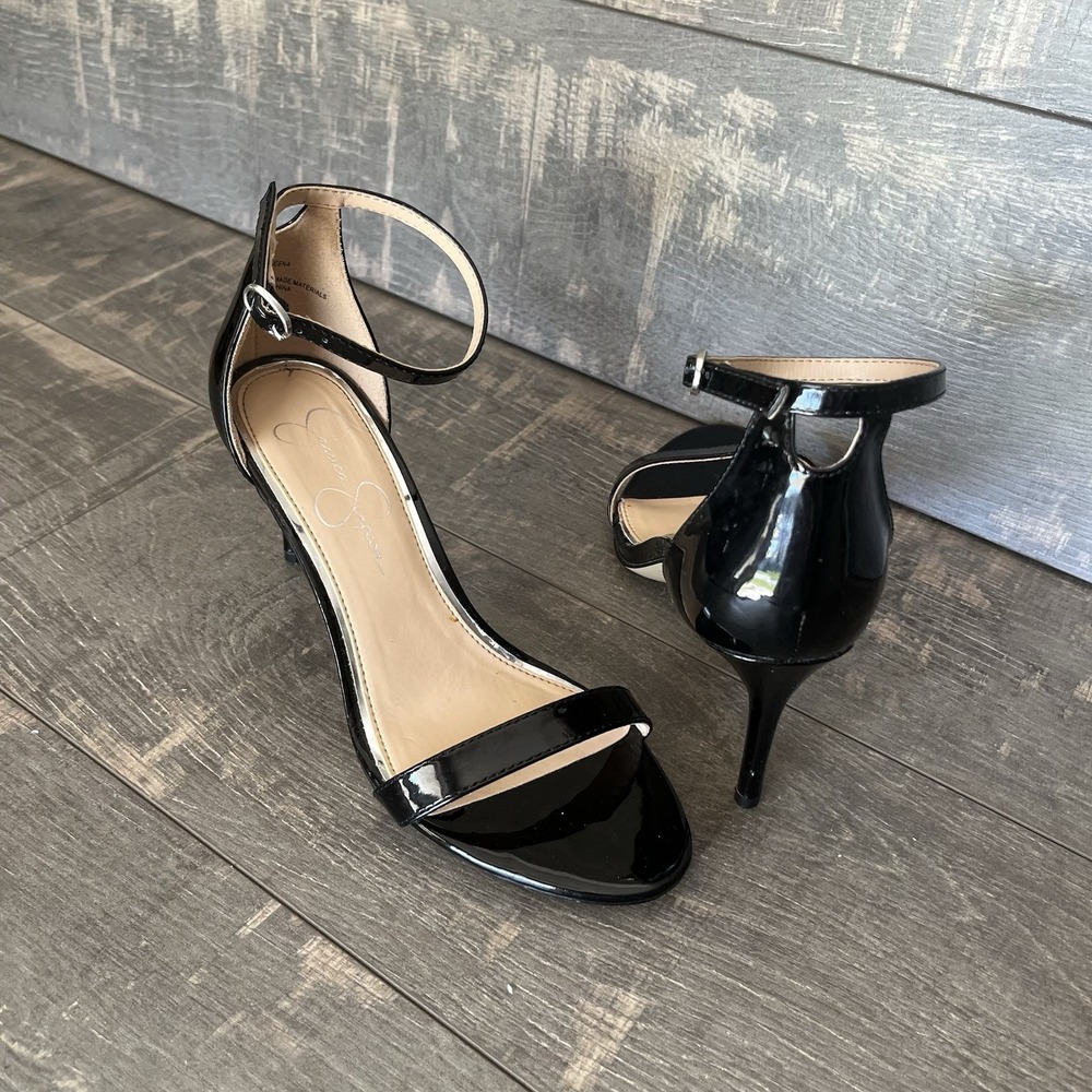 Jessica Simpson Chic Black Patent Strappy Heels Minimal Ankle Strap Stiletto 7M - Picture 13 of 15